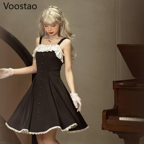 Japanese Gothic Lolita Jsk Dress Women Victorian Vintage Sweet Lace Ruffles Party Sleeveless Dresses Girls Harajuku Punk Dress