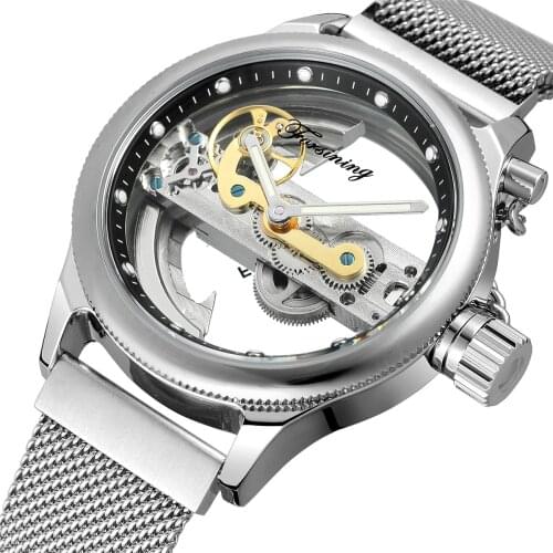 Forsining New Fashion Casual Neutral Design Silver Steel Transparent Case Skeleton Watch Mens Watch Top Brand Luxury Mechanical
