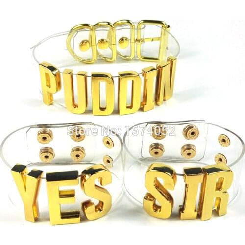 Handmade Choker 1SET PUDDIN YES SIR Gold Letter Collar Bracelet 35mm Transparent Choose Name Word Name Necklace
