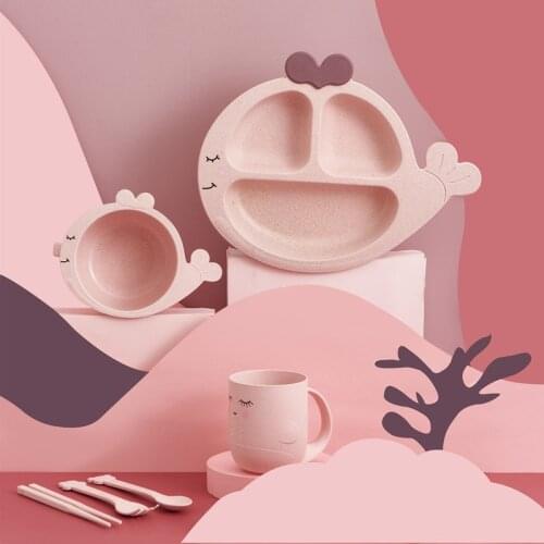 Whale Baby Tableware 6pcs Set Dishes Plate Bowl Spoon Fork Cup Chopsticks Solid Food Self Feeding for Kid Children Creative Gift