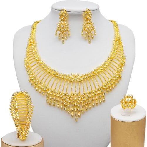 24K gold color jewelry sets for women bridal luxury necklace earrings bracelet ring set African wedding ornament gifts