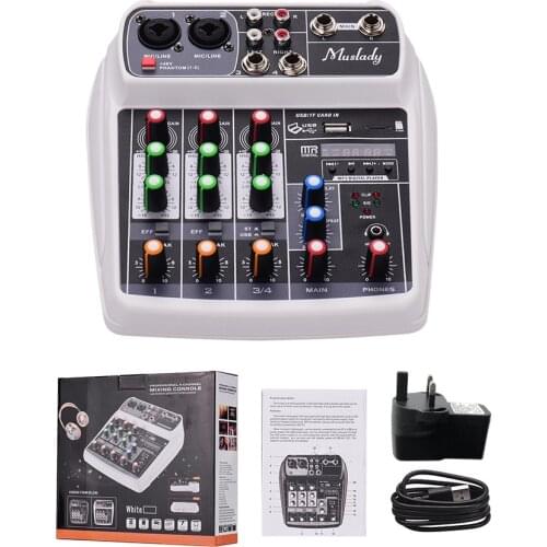 Muslady AI-4 Compact Sound Card Mixing Console Digital Audio Mixer 4-Channel BT MP3 USB Input +48V Phantom Power for Recording