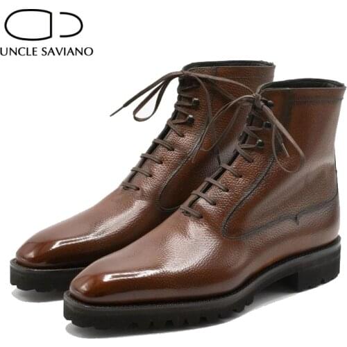 Uncle Saviano Mens Boots Winter Add Velvet Lace Up Shoes Brown Work Boots Non-Slip Fashion Designer Men Genuine Leather Shoes