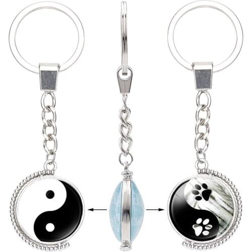 New Chinese Element Keychain Accessories Yin Yang Tai Chi Cat Footprint Double-sided Rotating Time Gem Key Chain