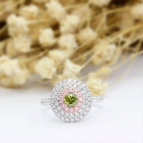 Veryins 14K Two Tones Gold Center 4.5mm Natural Peridot Three Halo Engagement Ring with Moissanite and Sapphire Accents