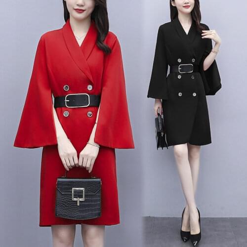 OL Plus Size Womens Spring Autumn New Fashion French Dress With Belt Flying Sleeves Temperament Slim Blazer Dress Robes y1525