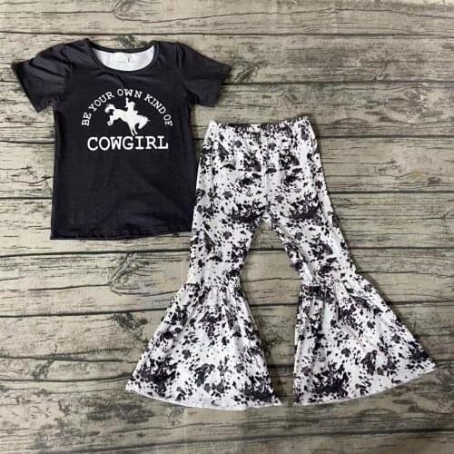 Fall/Autumn Baby Girls Boutique Outfits Cowgirl Shirt Ink Pattern Bell Bottom Pants Set