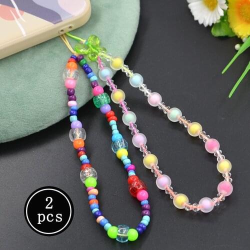 2PCS/Lot Boho Love Beaded Mobile Phone Rope Women Keychain Lanyard Shell Soft Ceramic Strap Cord For Mobile Phone Bag IPAD Chain