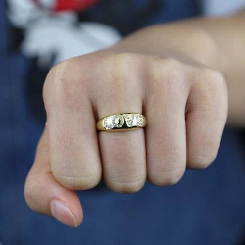 Luxury CZ Zircon Rings Women Wedding Engagement Fine Jewelry Wide Band Engraved Cz Love Letter Gold Color Ring Bague Jewelry