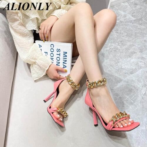 ALIONLY Metal Decoration Chain Heel Party Sandals for Women 2021 Summer Square Toe Narrow Ankle Strap High Heels Sandals Shoes