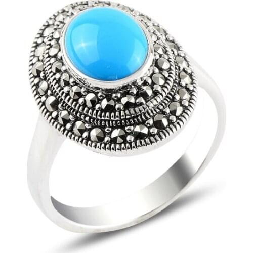 Silver 925 Sterling Turquoise & Marcasite Ring