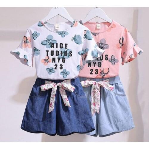 Floral Kids Baby Girls Feather Clothes Sets Summer Short Sleeve Tops Jeans Shorts 2pcs Outfits Fashion Clothing 2-10Years