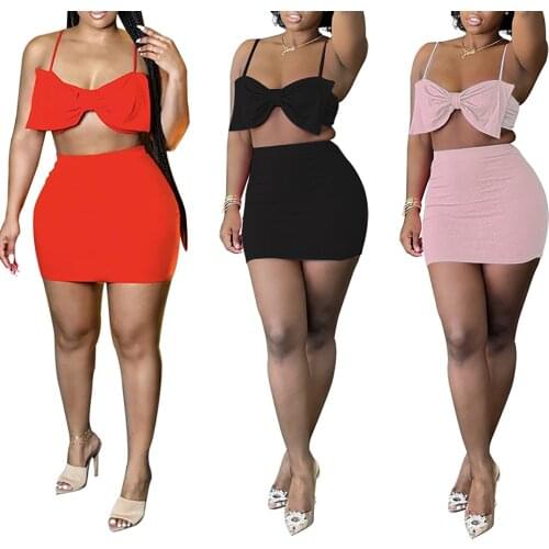 Sexy Womens Solid Color 2Pcs Skirts Casual Set Low Neck Bow Bustier Sling Tanks Tops with High Waist Mini Skirts for Summer