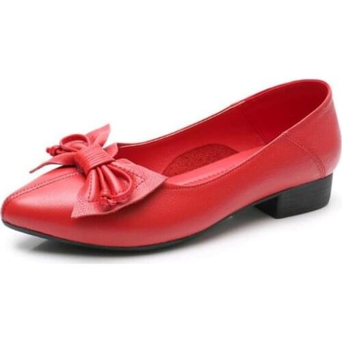 Hot 2020 Spring New Pointed Shallow Bow Low-heel Shoes Women Genuine Leather Shoes Soft Comfortable Fashion Shoes Large Size 43