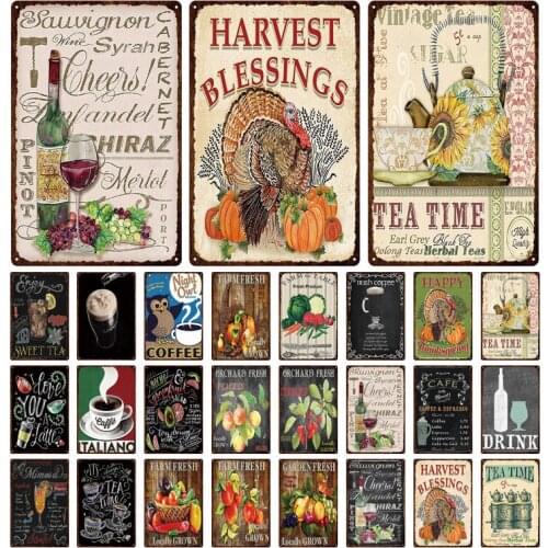 Retro Fruit Tin Sign Coffee Pumpkin Metal Plates Wine Glass Cafe Home Decor Wall Stickers Art Poster Decoration