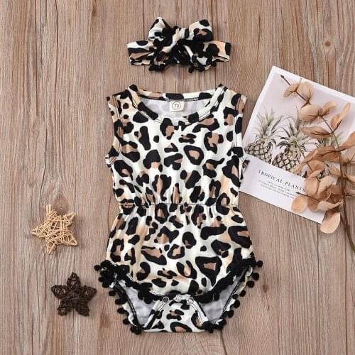 2020 Newborn Infant Baby Girls Romper Fashion Tassel Leopard Print Romper Bodysuit With Hairband Outfits Clothing Jumpsuits