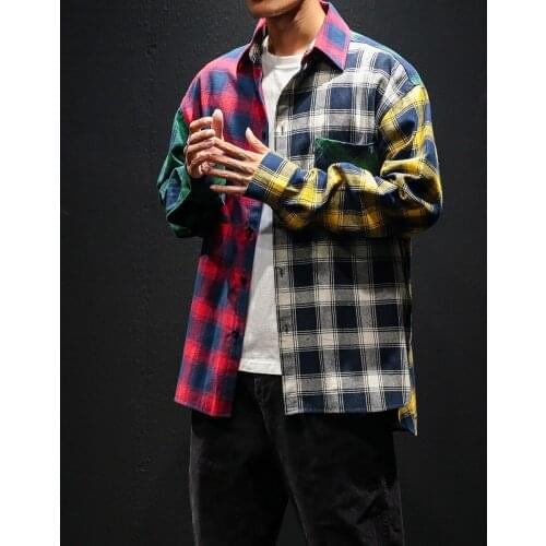 2021 Patchwork Plaid Long Sleeve Shirts Men Korean Streetwear Spring Shirt Baggy Casual Shirt Kpop Male Loose Clothes
