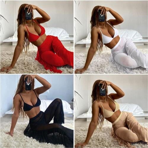 2021 Sexy Bikini Set White Swimwear Women See-through Pants Bikini Cover Up Mesh Ruffle Bottoms 3 Piece Suit Swimsuit Beachwear