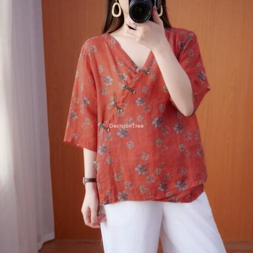 2021 floral printing lady casual v neck traditional tang shirt classic blouse vintage qipao top chinese style cheongsam shirt