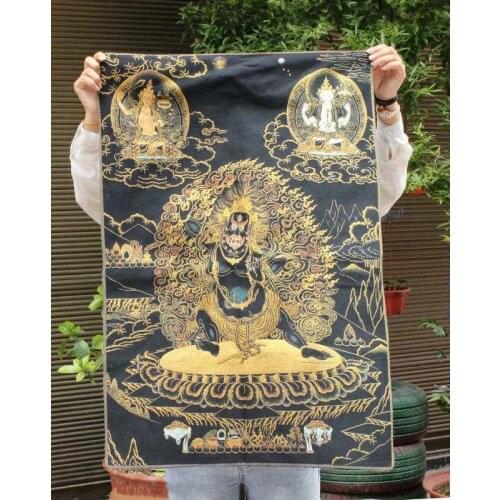 36" Tibet Buddhism Silk ClothMahakala Wrathful Deity Embroidery Thangka Mural