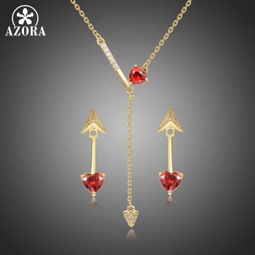 AZORA Classic Wedding Heart Cut Red Cubic Zirconia Jewelry Set Gold Color Fine Necklace Earrings Accessory Gift 2019 New TG0279