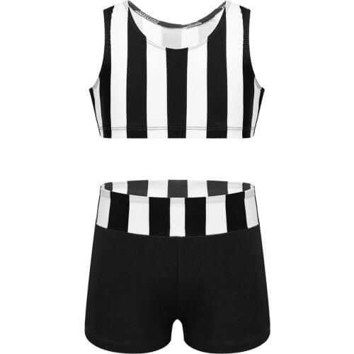 Kids Sleeveless Striped Athletic Clothes Girls Ballet Gymnastics Shorts with Crop Tops Set Child Stage Performance Dance Costume