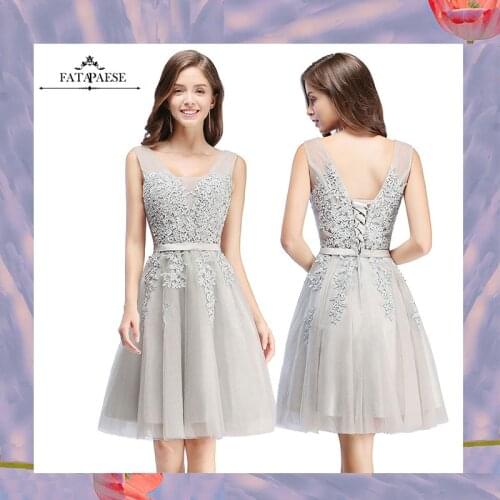 FATAPAESE Applique Lace Evening Dresses Wedding Evening Party Tulle Gowns Summer Short Knee-Length V Neck Prom Gown robe de