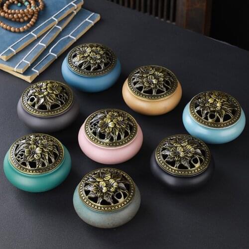 Incense Burner Antique Alloy Glazed Incense Burner for Indoor Bedroom with Copper Cover Ceramic Buddha Set
