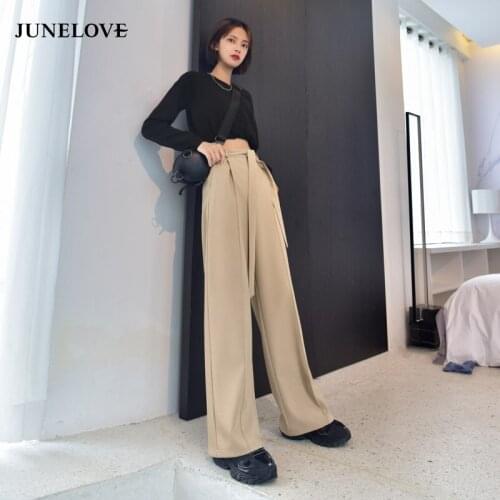JuneLove New Spring Wide Leg Pants Women Elastic High Waist Palazzo Pants Streetwear Elegant Office Ladies Long Trousers Bottoms