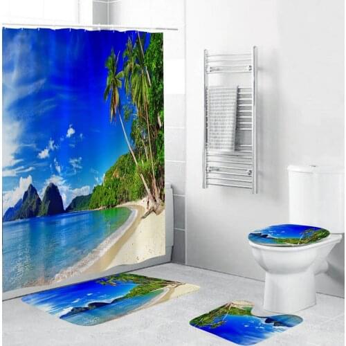 3D Sunny Blue Beach Shower Curtain Set Bath Mats Rugs Coastal Scenery Anti-skid Mat Bathroom Curtain Fabric for Bathtub Decor