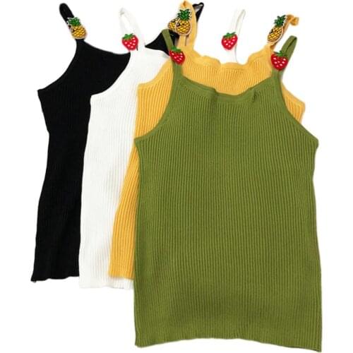Summer Sleeveless Tank Top Ice Silk Ribbed Knitted Basic Camisole Streetwear Cute Embroidery Pineapple Strawberry Spaghetti Stra