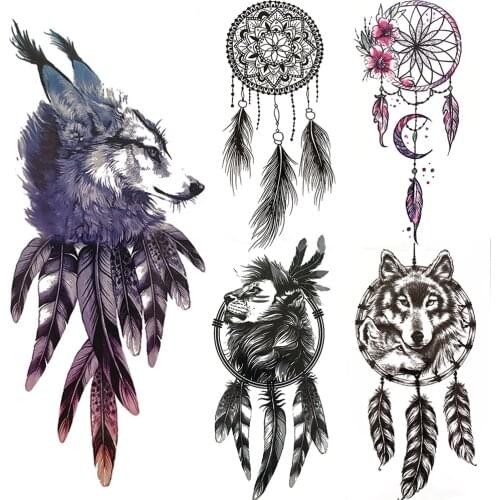 Dreamcatcher Temporary Tattoo For Men Women Wolf Lion Black Mandala Henna Tattoos Fuzzy Feather Waterproof Fake Tatoo Body Arm