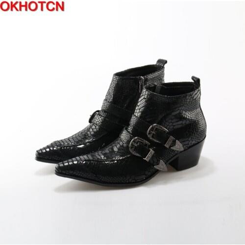 OKHOTCN British Style Autumn Winter Men Boots Fashion Pointy Buckle Ankle Boots Casual Genuine Leather Shoes Double Buckles Bota