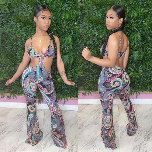 2021 Summer New Ladies Fashion Printed Suspender Jumpsuit Halter Sexy Hollow Tube Top Jumpsuit