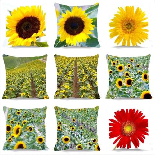 Sunflower Series Cushion Cover Printed Square Cotton Polyester Sofa Plant Home Decorative Throw Pillow Case
