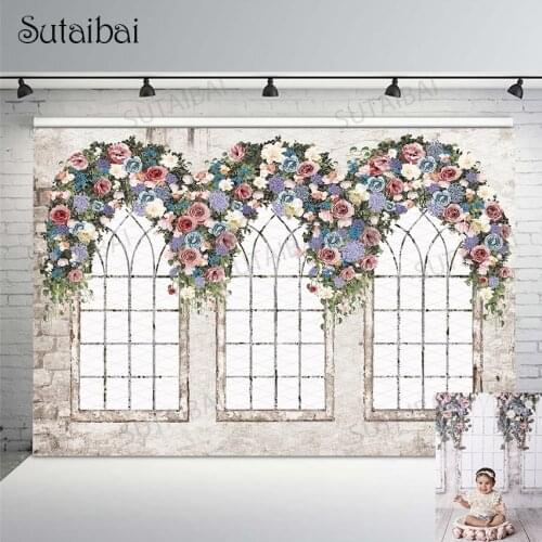 Old Shabby Windows Flower Photo Backdrop Newborns Baby 1st Birthday Cake Smash Brick Decor Photography Background Photo Studio