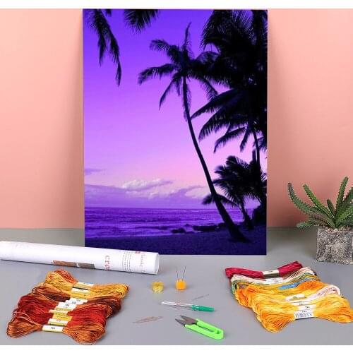 Landscape Seaside Printed Fabric 11CT Cross-Stitch Embroidery Patterns DMC Threads Handmade Painting Handicraft Gift