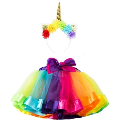 Baby Girl Super Soft Rainbow Tutu Skirt Handmade Unicorn Flower Headband Girls Tulle Skirts with Satin Ribbon Pettiskirt Tutu