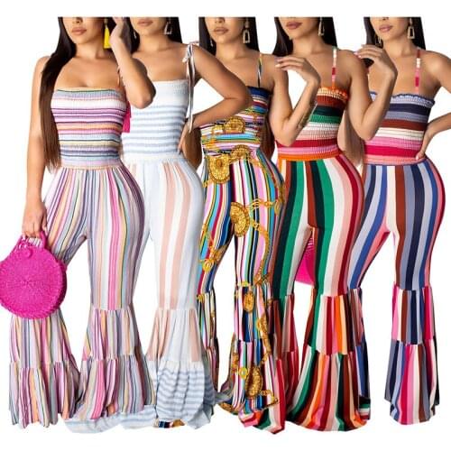 Women Sling Jumpsuit Jumper Striped Trumpet Jumpsuit Summer Beach Party -OPK