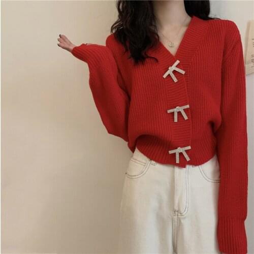 Sweater Autumn V Neck Full Red Knitted Cardigan Short Slim Outfits Bow Diamond Single Breasted Knitwear Top Jumpers Retro Korean
