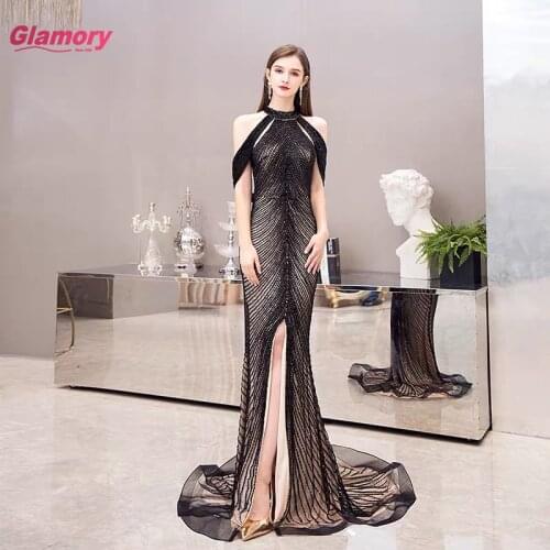 Gold Heavy Beading High Collar Short Sleeves Sexy Mermaid Dresses Luxury Evening Party Gowns For Women
