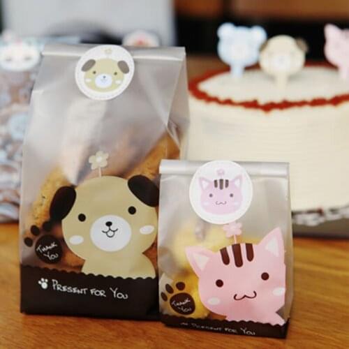 50pcs/pack Plastic Biscuit Cookie Bag Baking Packs Sac Plastique Cute Dog Cat Pattern Packaging For Cookies Bolsas De Regalo