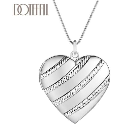 DOTEFFIL 925 Sterling Silver Love Heaet Photo Frame Snake Chain Necklace For Women Fashion Wedding Charm Jewelry