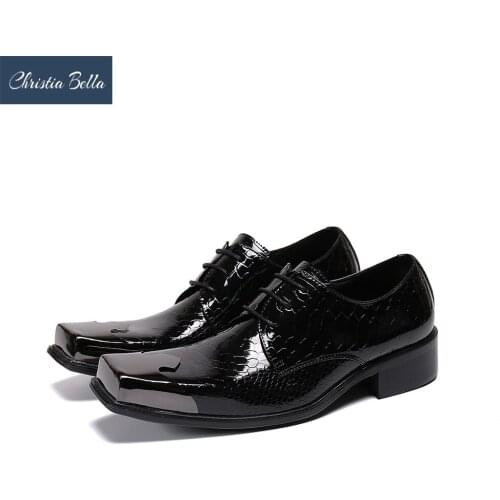 Christia Bella New British Metal Square Toe Men Business Oxford Leather Shoes Black Wedding Party Derby Shoes Lace Up Men Shoes