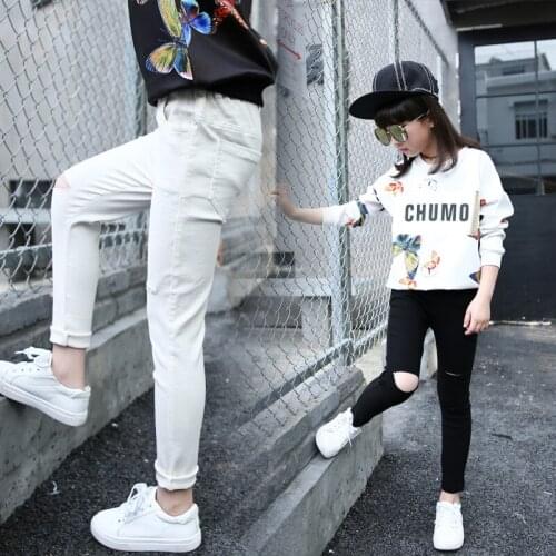 Kids Girls Skinny Pants Spring 2019 New Children Girls Trousers Kids Ripped Pants Leggings Girls Pants Black White Kids Clothes