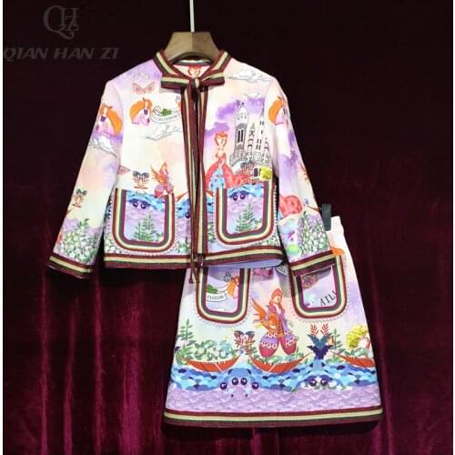 Qian Han Zi designer fashion short jacket two piece set womens 3/4 Sleeves bow coat and pattern Elegantly printed skirt suit set