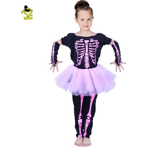 Girls Pink Skeleton Dress Costumes with Printed Bones Kids Cute Skull Children Role Play Outfit for Various Show Party