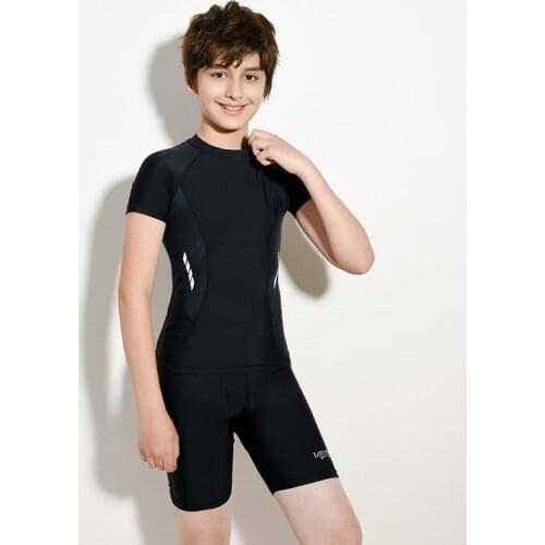 Boy Kids Swimwear Swimming Swimsuit Beach Wear Long Sleeve Bathing Suit 2 Pieces Black Solid Patchwork 10-18 Years Shorts Boxers