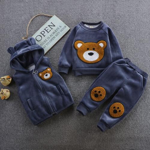 0-4 years old infant cotton warm clothing cartoon printing plus velvet thick hooded sweater boys and girls vest vest three-piece