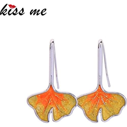 Kissme Exquisite Green&Orange Enamel Ginkgo Leaves Ear Stud&Ear Clip&Ear Hook For Women White Gold Color New Fashion Jewelry